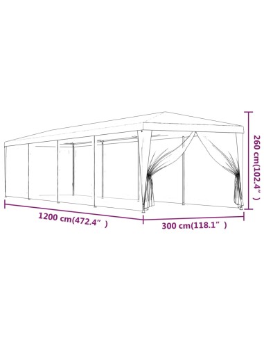 Парти палатка с 10 мрежести странични стени, синя, 3x12 м, HDPE