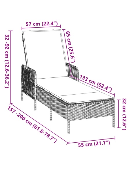 Шезлонг Черно и кремаво PE ратан 157 x 55 x 92 см