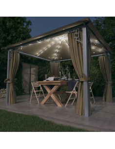 Шатра със завеси и LED светещи стрингове 3x3 м таупе алуминий