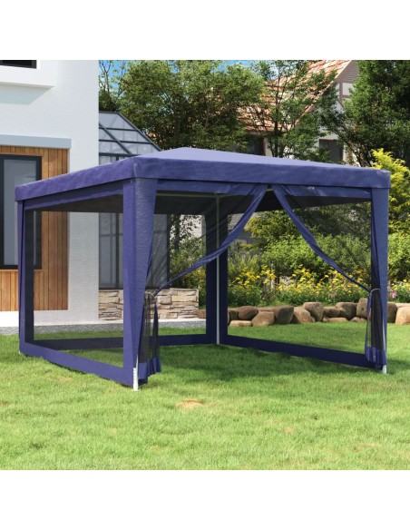 Парти палатка с 4 мрежести странични стени, синя, 3x4 м, HDPE