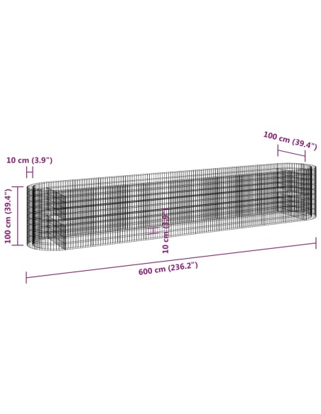 Габион повдигната леха, поцинковано желязо, 600x100x100 cм