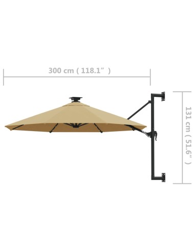Градински чадър за монтаж на стена, с LED, 300 см, таупе