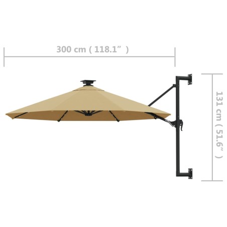 Градински чадър за монтаж на стена, с LED, 300 см, таупе