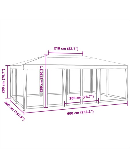 Парти палатка с 10 мрежести странични стени, синя, 6x4 м, HDPE