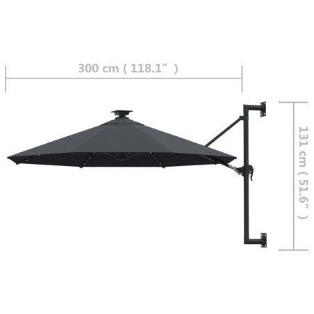 Градински чадър за монтаж на стена, с LED, 300 см, антрацит