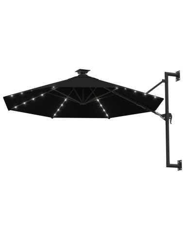 Градински чадър за монтаж на стена, с LED, 300 см, черен