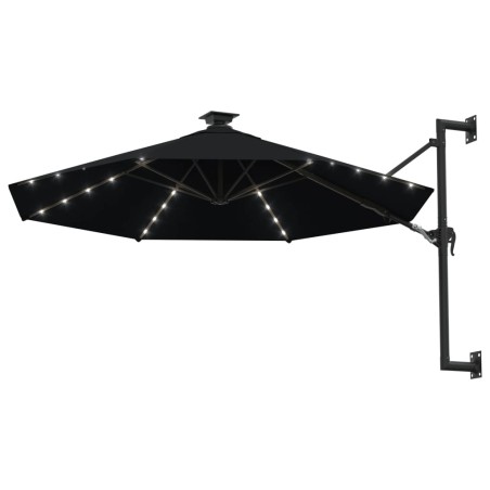 Градински чадър за монтаж на стена, с LED, 300 см, черен