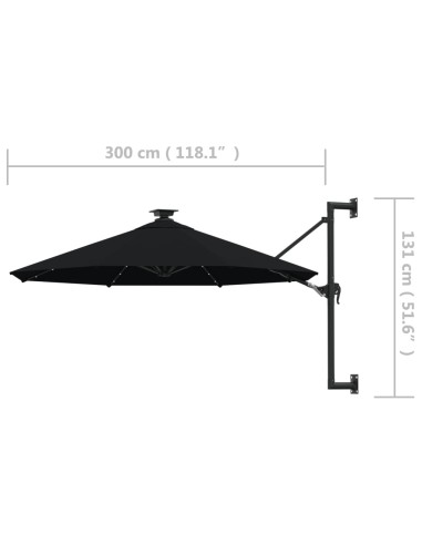 Градински чадър за монтаж на стена, с LED, 300 см, черен