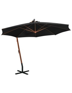 Висящ градински чадър с прът, черен, 3,5x2,9 м, чам масив