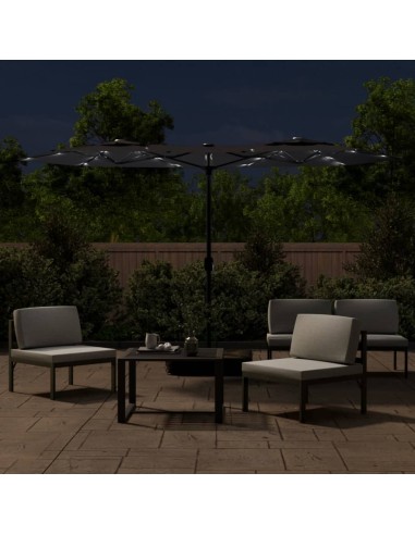 Градински чадър с двоен покрив и LED, черен, 316x145 см