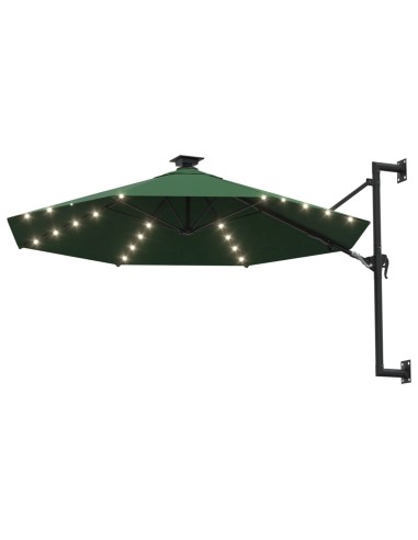 Градински чадър за монтаж на стена, с LED, 300 см, зелен
