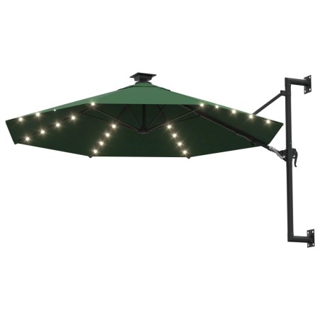 Градински чадър за монтаж на стена, с LED, 300 см, зелен