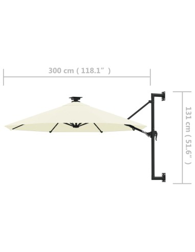 Градински чадър за монтаж на стена, с LED, 300 см, пясъчен