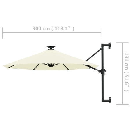 Градински чадър за монтаж на стена, с LED, 300 см, пясъчен