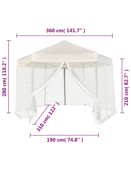 Шестоъгълна pop-up шатра с 6 стени кремавобяла 3,6x3,1 м