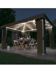 Шатра със завеси и LED светещи стрингове, 4x3 м, таупе