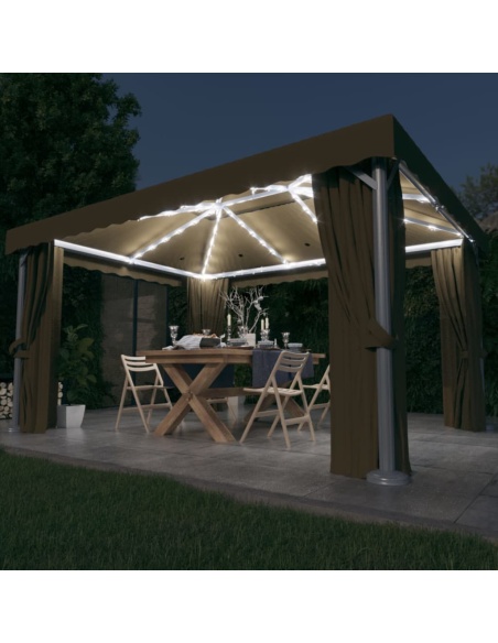 Шатра със завеси и LED светещи стрингове, 4x3 м, таупе