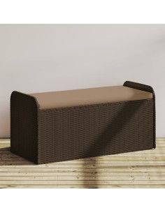 Пейка за съхранение с възглавница кафява 115x51x52 см полиратан