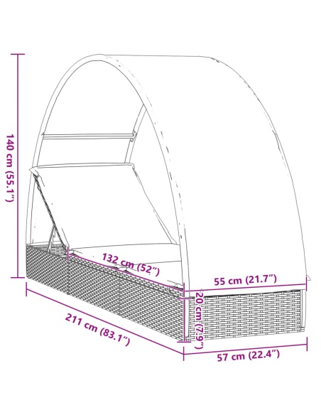 Шезлонг с объл покрив черен 211x57x140 см полиратан