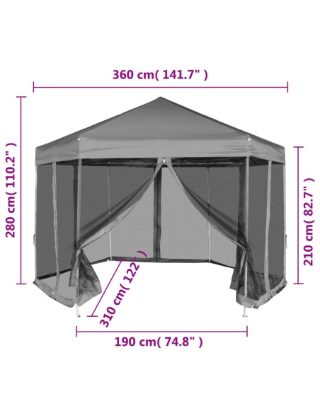 Шестоъгълна pop-up шатра с 6 стени сива 3,6x3,1 м