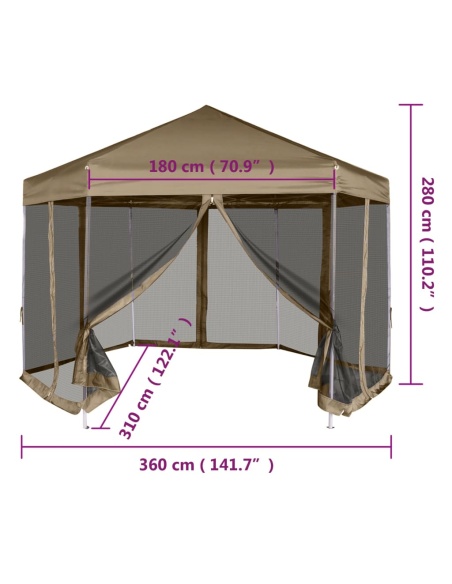 Шестоъгълна pop-up шатра със стени 3,6x3,1 м таупе 220 г/м²