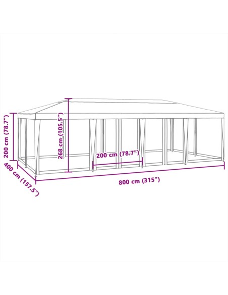 Парти палатка с 12 мрежести странични стени, синя, 8x4 м, HDPE