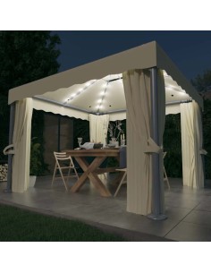 Шатра със завеси и LED светещи стрингове, 3х3 м, кремавобяла