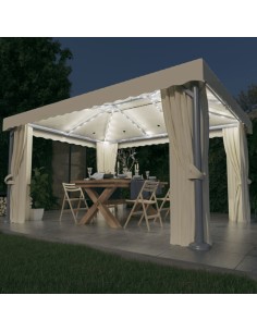 Шатра със завеси и LED светещи стрингове, 4х3 м, кремавобяла