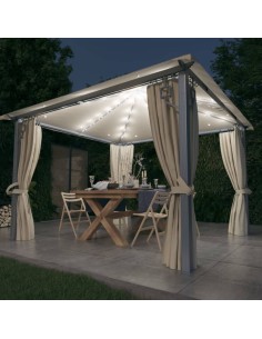Шатра със завеси и LED стрингове, 3x3 м, кремава, алуминий
