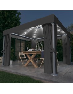 Шатра със завеси и LED светещи стрингове, 3х3 м, антрацит
