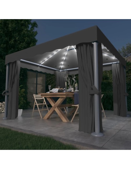Шатра със завеси и LED светещи стрингове, 3х3 м, антрацит