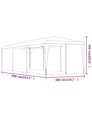 Парти палатка с 8 мрежести странични стени, синя, 3x9 м, HDPE