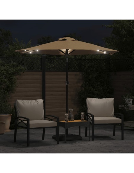 Градински чадър с LED и стоманен прът, таупе, 225x225x212 см