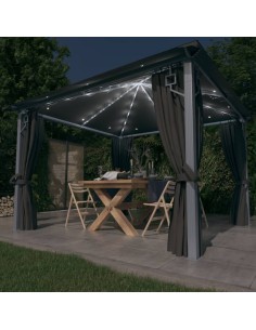 Шатра със завеси и LED стрингове, 3x3 м, антрацит, алуминий