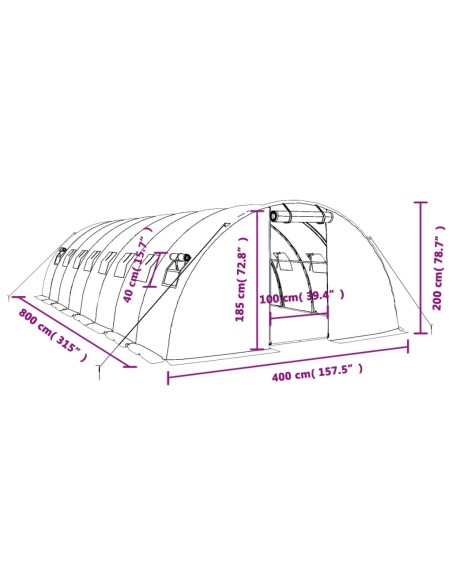 Оранжерия със стоманена рамка бяла 32 м² 8x4x2 м