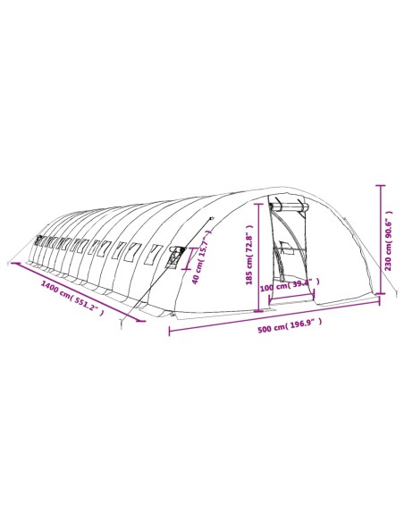 Оранжерия със стоманена рамка зелена 70 м² 14x5x2,3 м