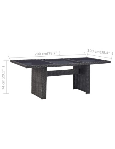 Градинска трапезна маса черна 200x100x74 см стъкло и полиратан