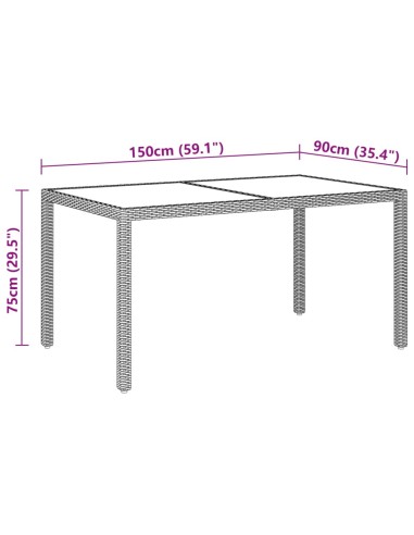 Градинска маса 150x90x75 см закалено стъкло и полиратан бежова