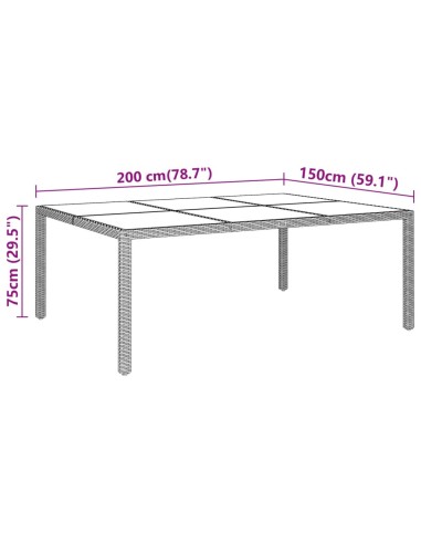 Градинска маса 200x150x75 см закалено стъкло и полиратан сива