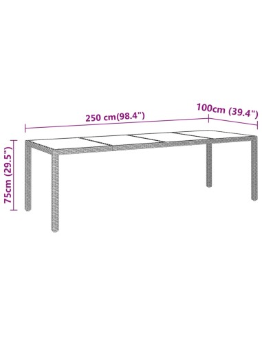Градинска маса 250x100x75 см закалено стъкло и полиратан сива