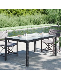 Градинска маса 150x90x75 см закалено стъкло и полиратан черна