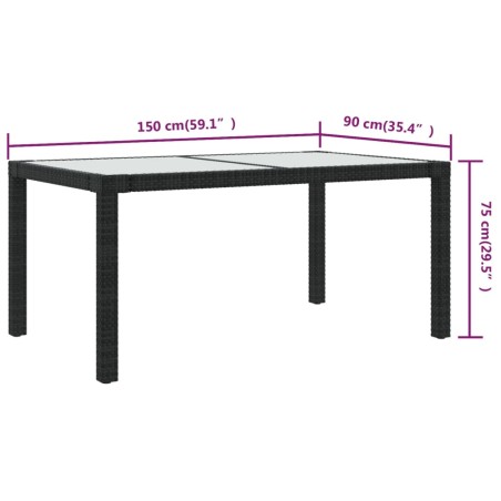 Градинска маса 150x90x75 см закалено стъкло и полиратан черна