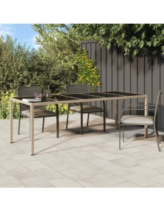 Градинска маса бежова 250x100x75 см закалено стъкло и полиратан