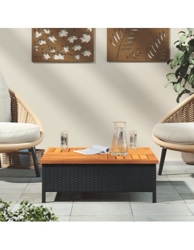 Градинска маса, черна, 70x70x25 см, ратан и акациево дърво