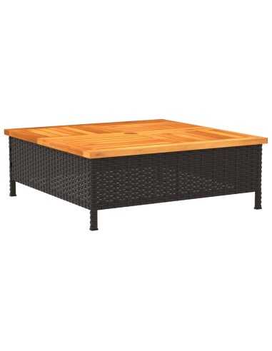 Градинска маса, черна, 70x70x25 см, ратан и акациево дърво