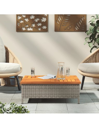 Градинска маса, сива, 70x70x25 см, ратан и акациево дърво