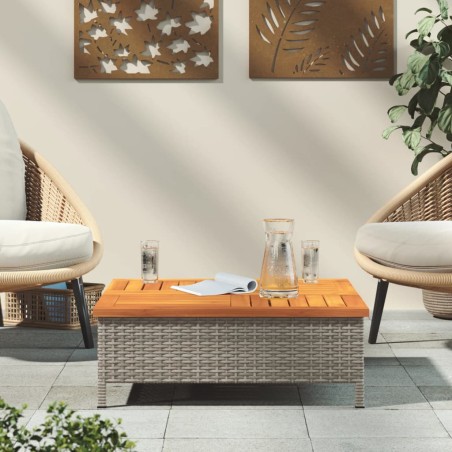 Градинска маса, сива, 70x70x25 см, ратан и акациево дърво