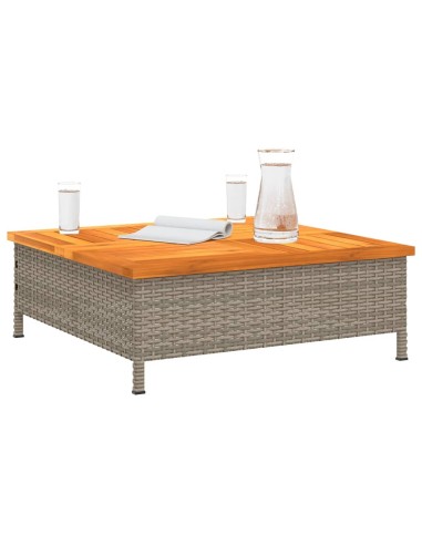 Градинска маса, сива, 70x70x25 см, ратан и акациево дърво