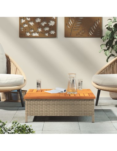 Градинска маса, бежова, 70x70x25 см, ратан и акациево дърво