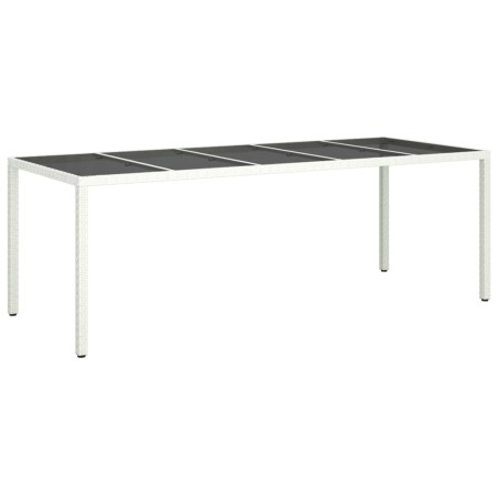 Градинска маса бяла 250x100x75 см полиратан и закалено стъкло